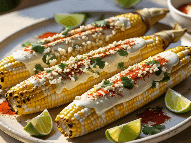 Three grilled elotes with crema, cheese, chili powder, and cilantro served with lime on a rustic plate