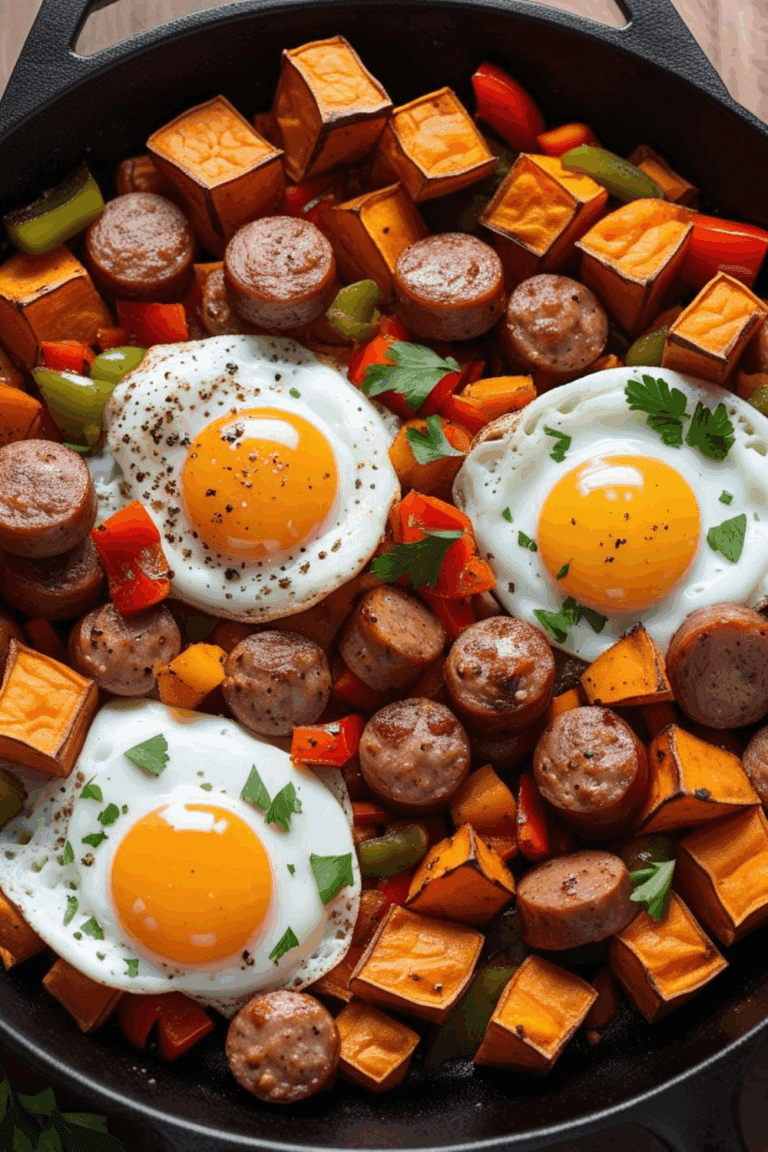 Sweet potato and sausage hash with sunny-side-up eggs in cast iron pan
