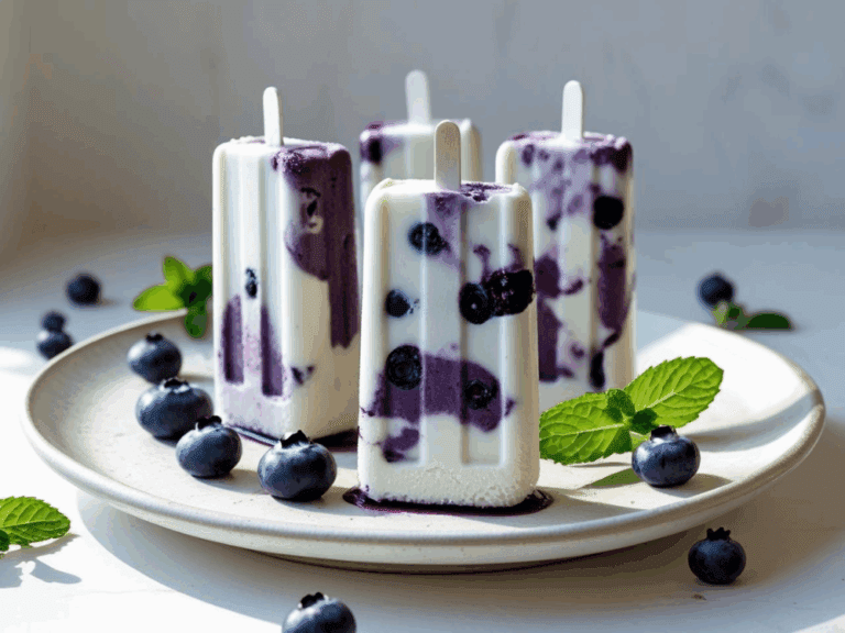 Vertical blueberry yogurt popsicles on a plate with blueberries and mint