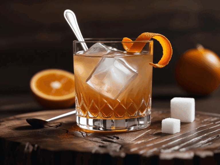 Old Fashioned cocktail with sugar cubes and an orange, placed on a wooden slab with bar spoon.