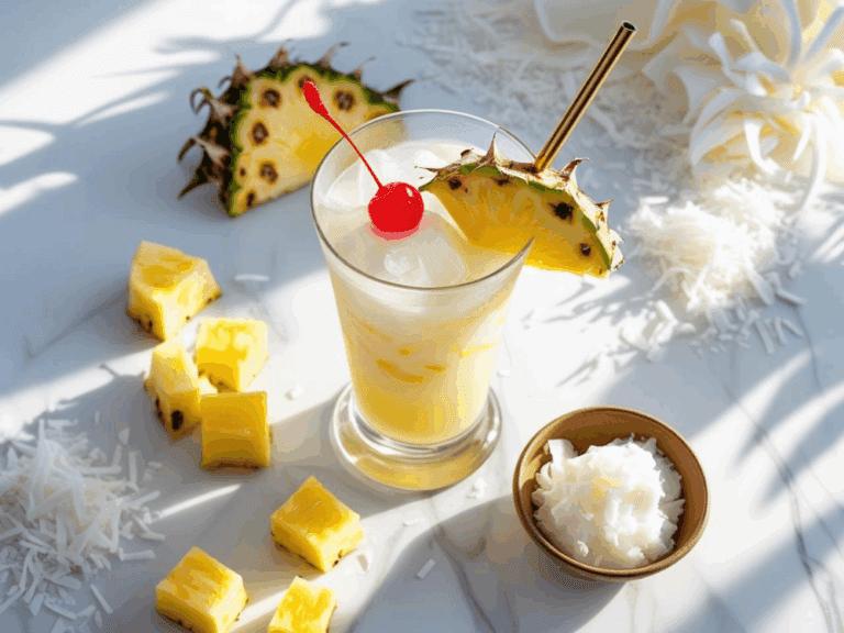 Piña Colada in a short glass with ice, cherry, and pineapple garnish