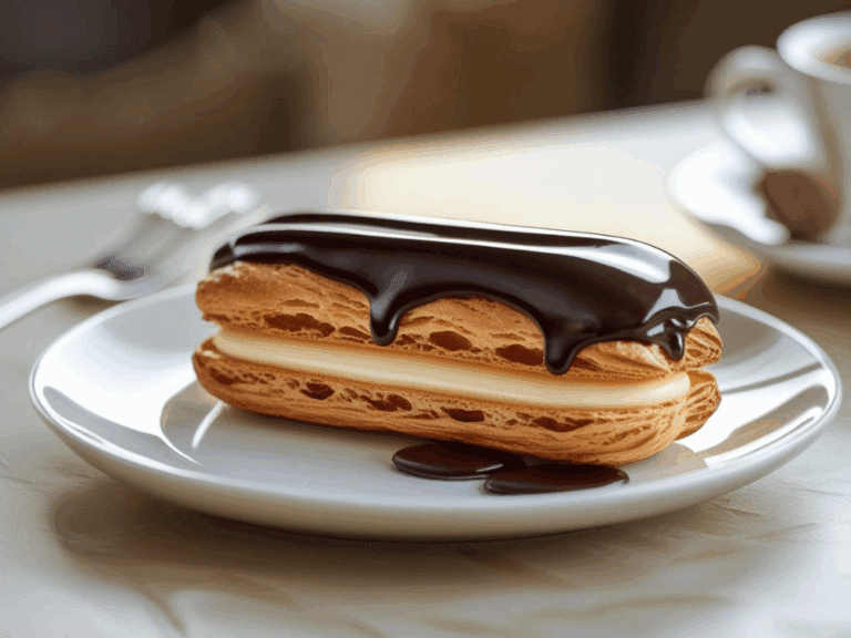 Whole chocolate éclair on a dessert plate with ganache drizzle