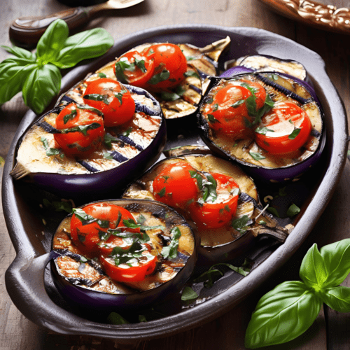 Grilled eggplant slices topped with juicy tomatoes and fresh basil leaves in a ceramic serving dish.