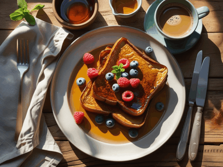 Overhead view of French toast with syrup, raspberries, blueberries, and coffee on a rustic wooden table