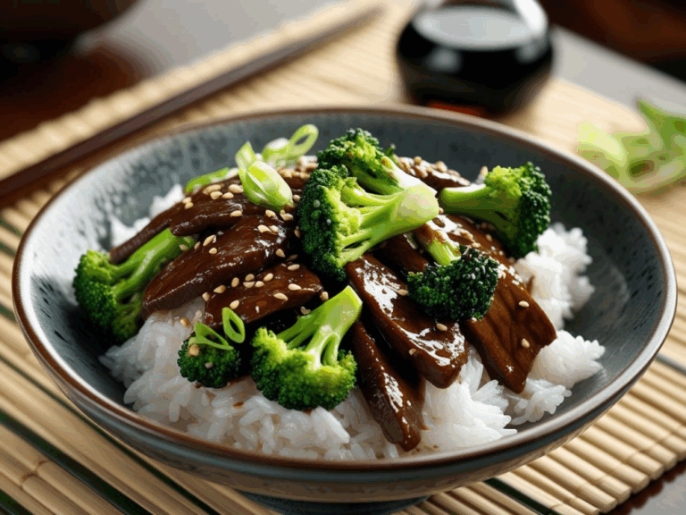 Side-angle view of beef and broccoli stir fry in a dark ceramic bowl with rice