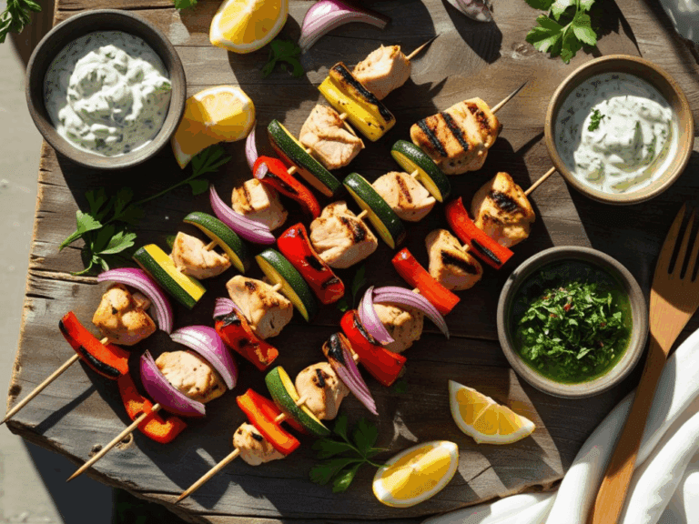 colorful grilled chicken kabobs with red onion, zucchini, and bell pepper on a wooden board with dipping sauces