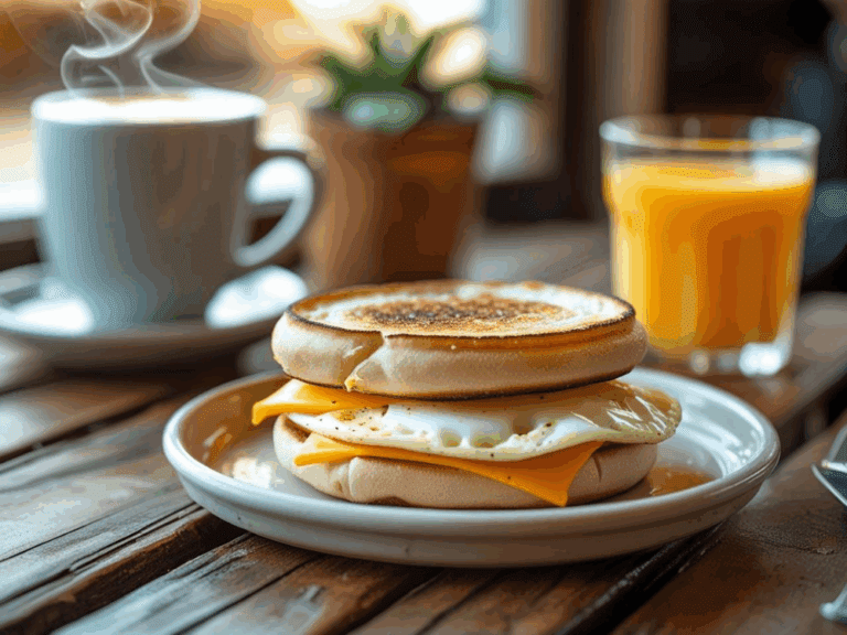 Cozy café view with egg and cheese sandwich, coffee, and orange juice
