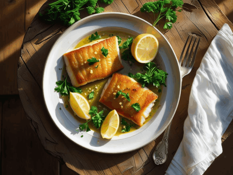Two seared catfish fillets in garlic butter sauce, garnished with parsley and lemon wedges on a rustic wooden table.