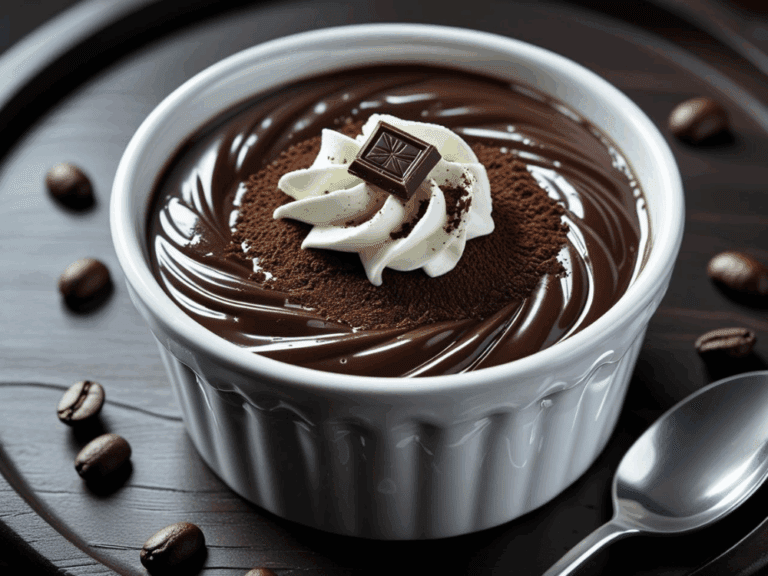 White ramekin of espresso chocolate pudding with whipped cream, cocoa dusting, and a decorative dark chocolate square on top.