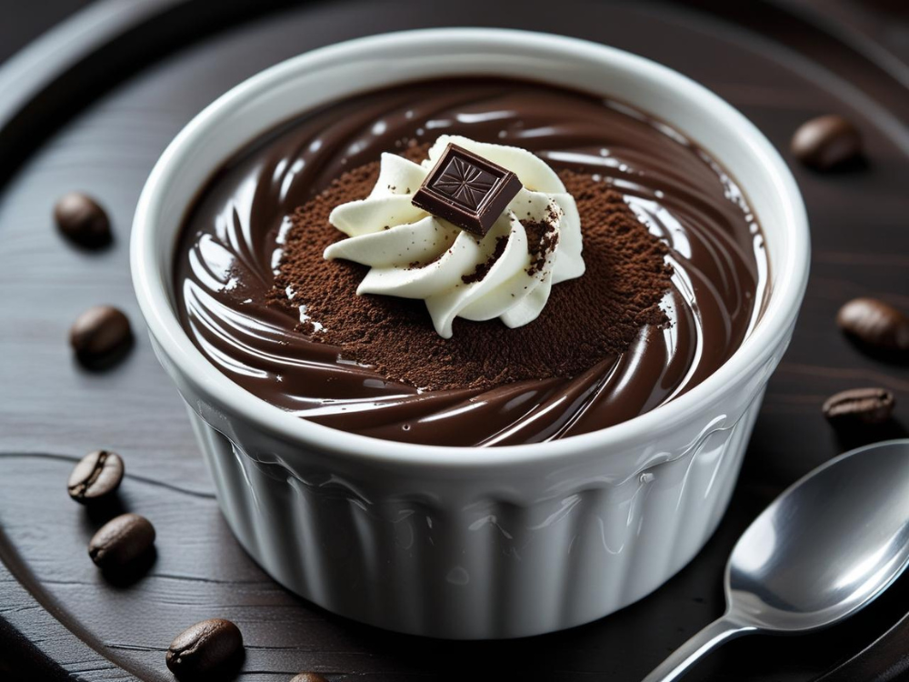 White ramekin of espresso chocolate pudding with whipped cream, cocoa dusting, and a decorative dark chocolate square on top.