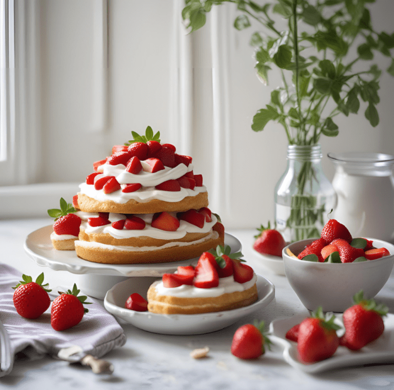 A beautifully layered Strawberry Shortcake with fresh strawberries and whipped cream, presented on a cake stand with additional bowls of strawberries and a milk bottle in the background.