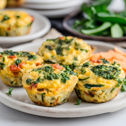 A plate of freshly baked egg muffins with vibrant vegetables like spinach, tomatoes, and bell peppers. The muffins are golden and fluffy, showcasing a healthy and appetizing breakfast option. In the background, there are fresh spinach leaves and more muffins on a plate.