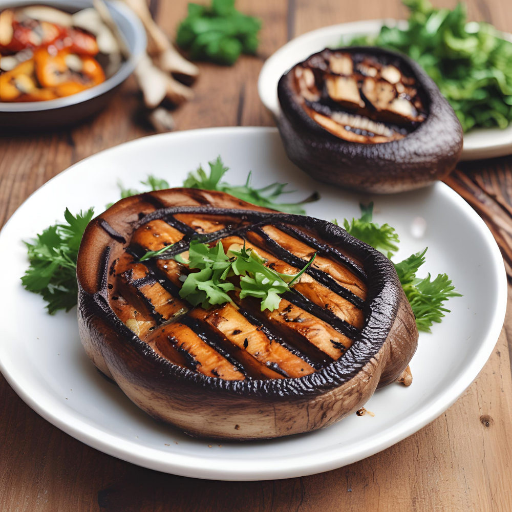 Grilled Portobello mushrooms with grill marks, garnished with fresh herbs, served on a white plate with greens.