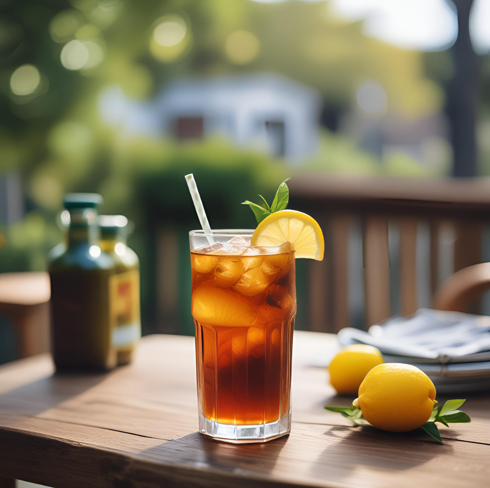 A refreshing glass of homemade iced tea with lemon slices and mint on a sunny outdoor table, perfect for a summer day. Discover the ultimate iced tea recipe on 'Satisfy Your Cravings.