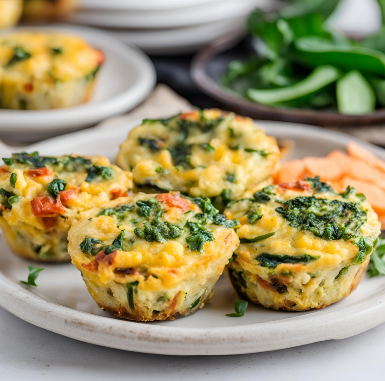 A plate of freshly baked egg muffins with vibrant vegetables like spinach, tomatoes, and bell peppers. The muffins are golden and fluffy, showcasing a healthy and appetizing breakfast option. In the background, there are fresh spinach leaves and more muffins on a plate.