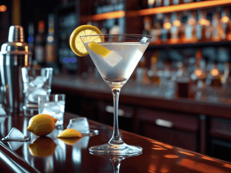 Side view of a vodka martini with a lemon twist garnish, sitting on a polished wooden bar counter with a blurred bar shelf background.