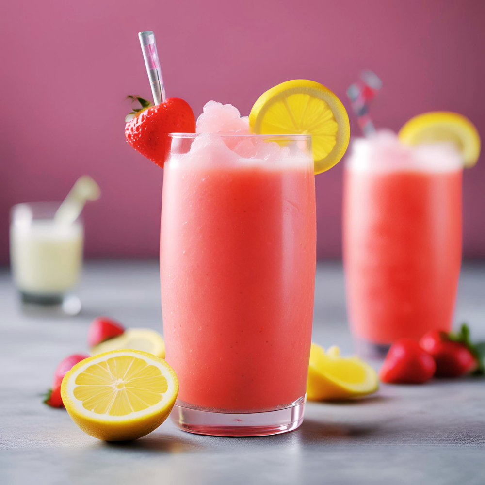 Here is the image of a refreshing strawberry lemonade slushie served in a tall glass, garnished with a lemon slice and a fresh strawberry, with another glass and fresh fruit in the background. Perfect for summer days, this vibrant pink drink is a delightful blend of sweet strawberries and tangy lemons, making it a must-try recipe for anyone looking to beat the heat. For more delicious and easy-to-make beverage recipes, visit Satisfy Your Cravings.