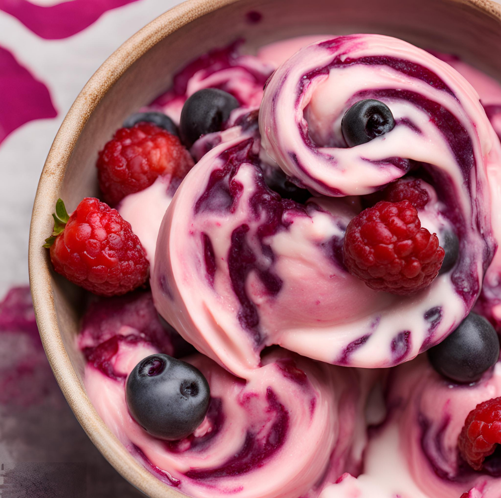 Close-up of berry swirl frozen yogurt in a bowl, garnished with fresh raspberries and blueberries.