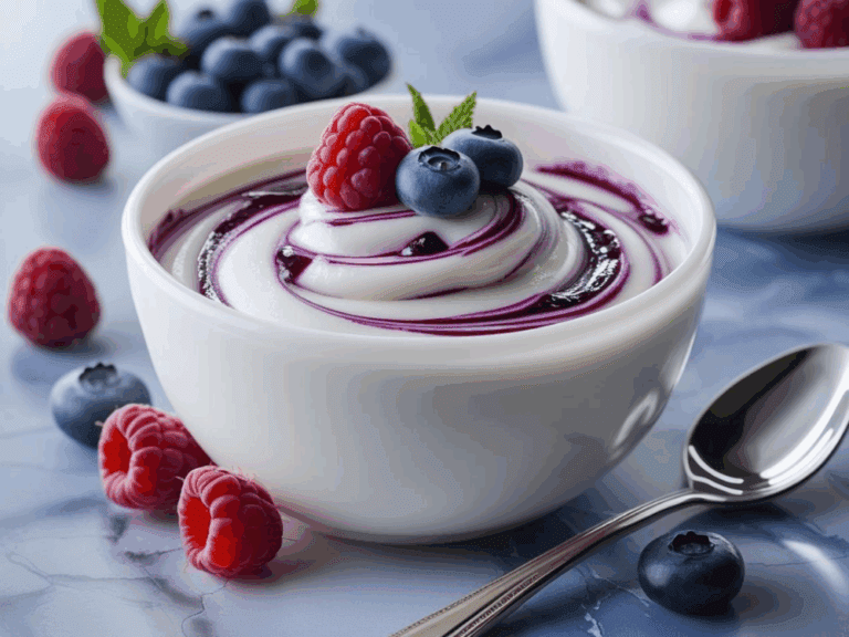 Bowl of berry swirl yogurt topped with a raspberry, blueberry, and mint leaf on a cool blue background.