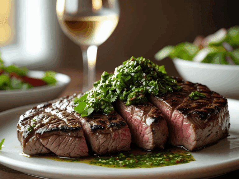 Sliced grilled steak with chimichurri sauce on a white plate, glass of white wine in the background