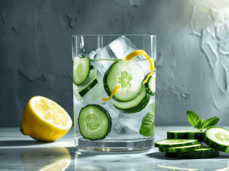 Short glass of cucumber lemonade with lemon peel, mint, and large ice cubes on a marble counter