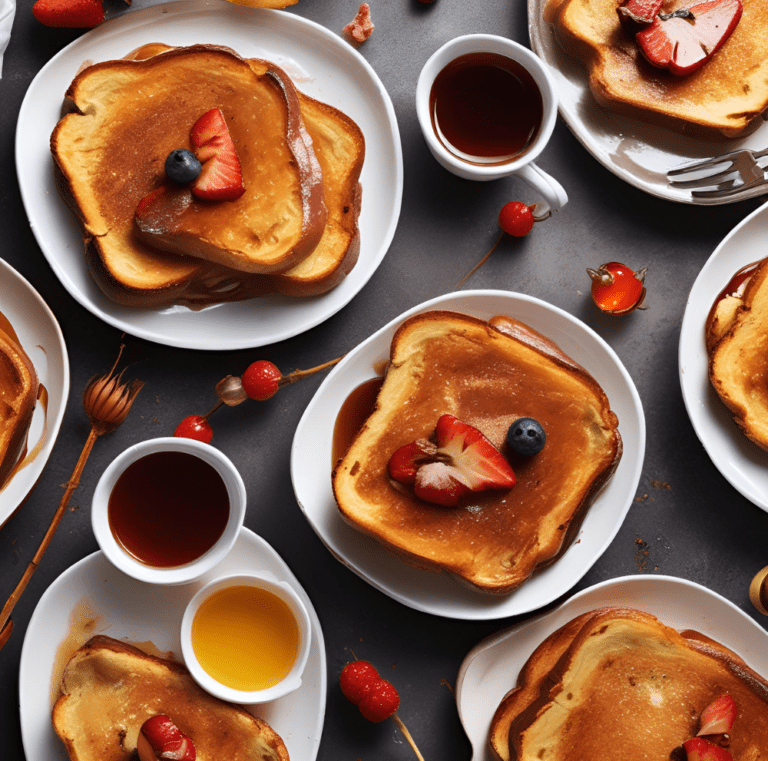 A close-up of multiple plates of Classic French Toast topped with strawberries and blueberries, served with cups of syrup and honey on a dark surface.