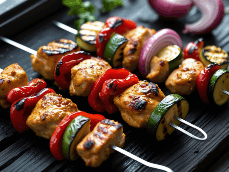 grilled chicken kabobs on metal skewers with red peppers and zucchini on a charred black grill plank