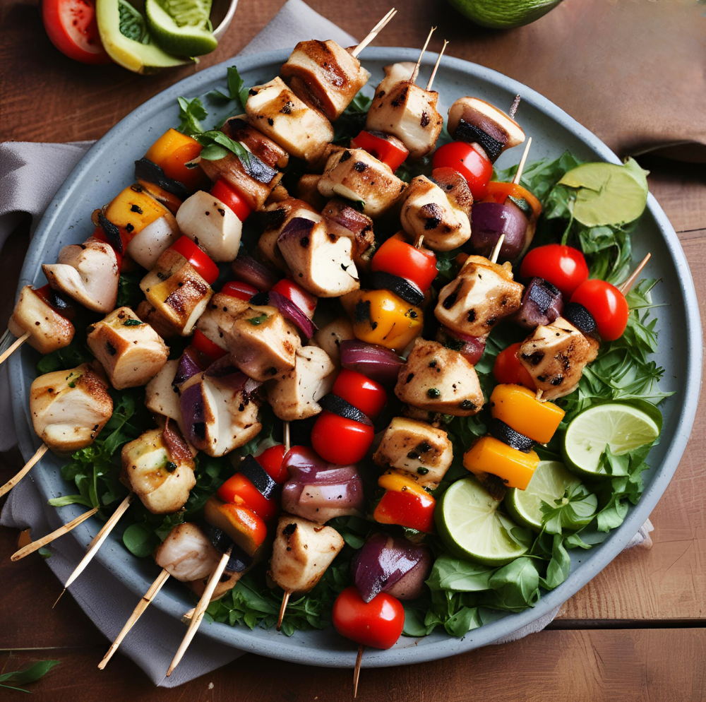 Grilled Chicken Kabobs with assorted vegetables on a plate