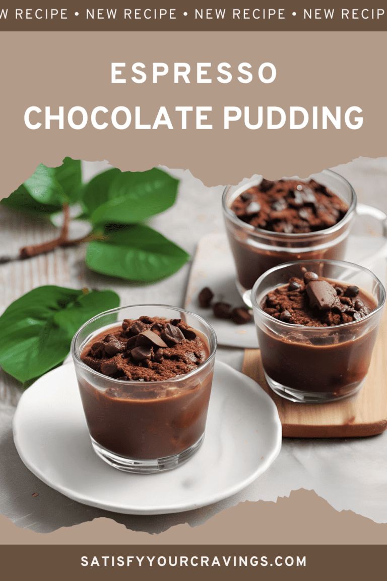 Delicious espresso chocolate pudding in glass cups, topped with chocolate shavings, on a white plate with a green leaf in the background. This mouthwatering dessert is perfect for chocolate and coffee lovers alike. Visit "Satisfy Your Cravings" for the full recipe and more irresistible dessert ideas. #EspressoChocolatePudding #DessertRecipes #FoodBlog #SatisfyYourCravings
