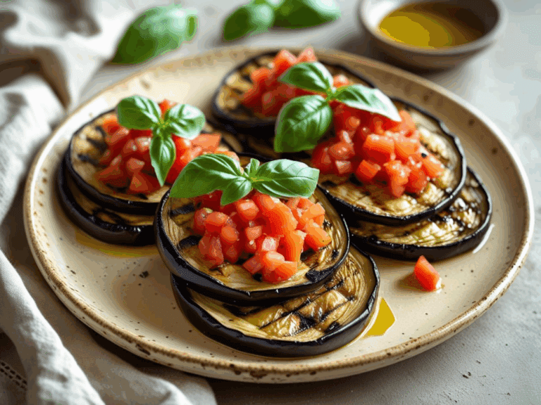 Angled view of stacked grilled eggplant rounds topped with tomato and basil, plated with a side of olive oil.