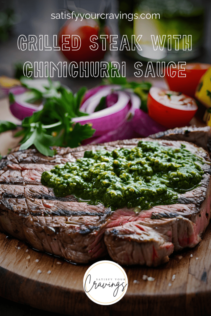 A perfectly grilled steak topped with vibrant green chimichurri sauce, surrounded by fresh ingredients like parsley, red onion, and tomatoes, with the text "Grilled Steak with Chimichurri Sauce" at the top and the logo for satisfyyourcravings.com at the bottom.