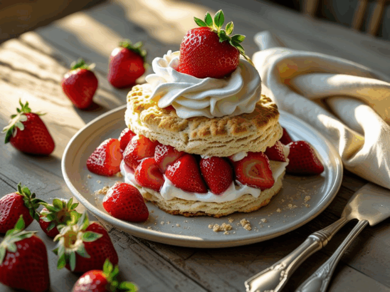 Side angle of a strawberry shortcake with whipped cream and strawberries on a rustic table.