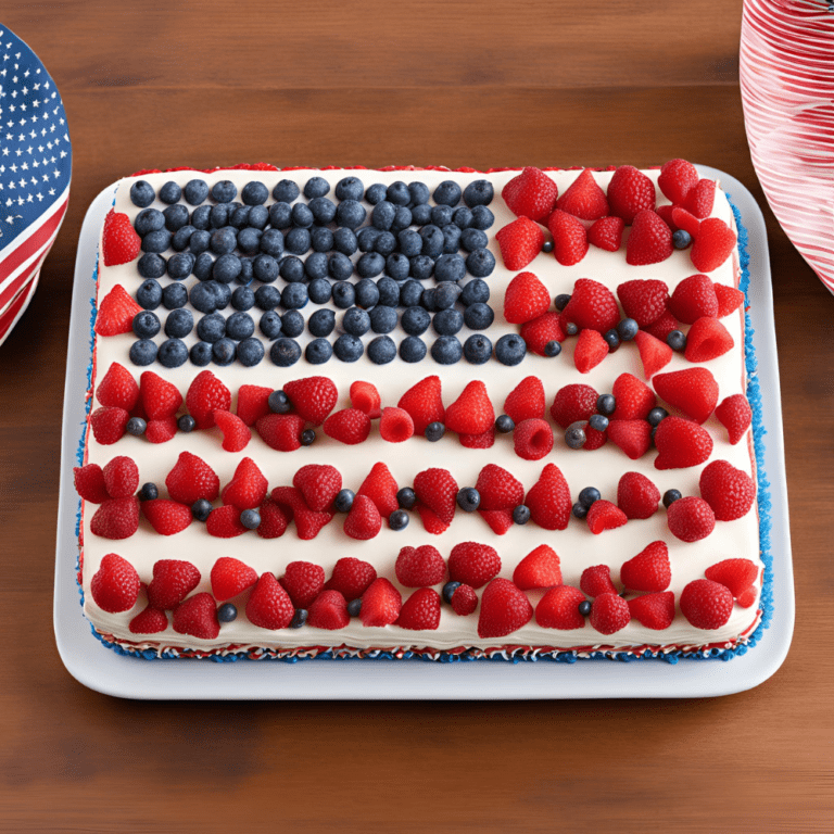 Patriotic Flag Cake decorated with fresh blueberries, strawberries, and raspberries, perfect for Fourth of July celebrations and summer gatherings. Easy and festive dessert recipe from Satisfy Your Cravings food blog.