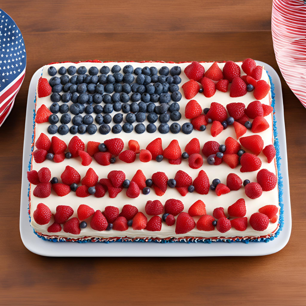 Patriotic Flag Cake decorated with fresh blueberries, strawberries, and raspberries, perfect for Fourth of July celebrations and summer gatherings. Easy and festive dessert recipe from Satisfy Your Cravings food blog.