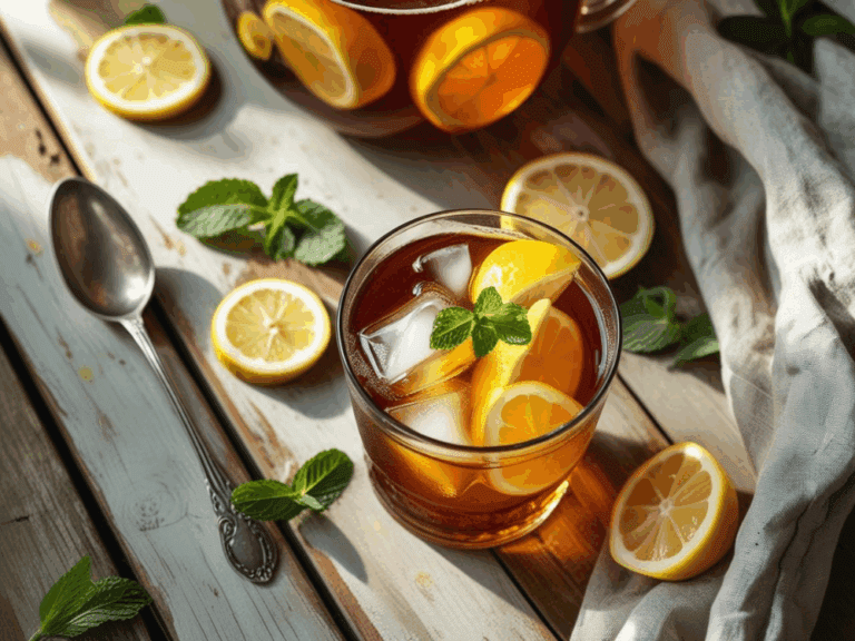 Flat lay of iced tea glass with lemon and mint, spoon, pitcher, and beige napkin on a sunlit wooden surface