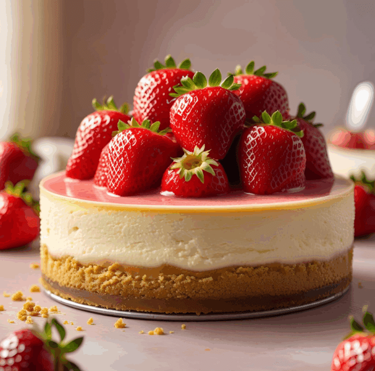 Strawberry-topped cheesecake with a strawberry glaze layer.