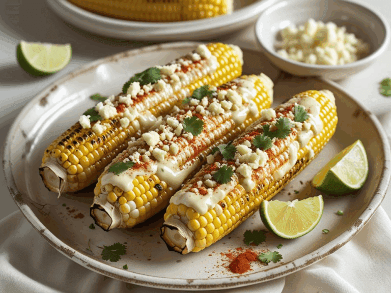 Elotes plated with crema, Cotija cheese, chili powder, and lime on a vintage ceramic dish