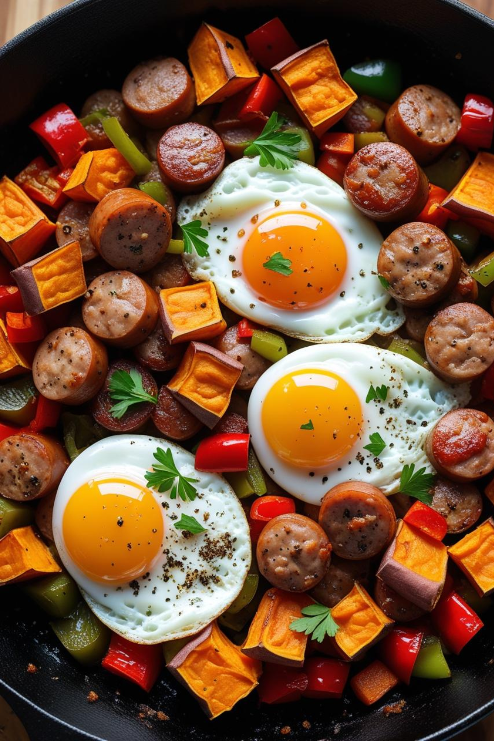 Skillet breakfast with three eggs, sausage, and roasted sweet potatoes
