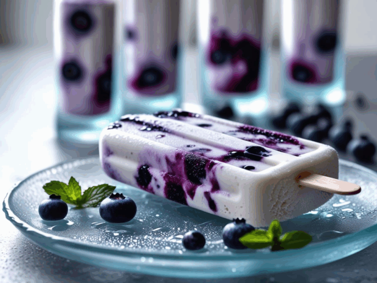 Blueberry yogurt popsicle with water droplets on a glass plate with blueberries and mint