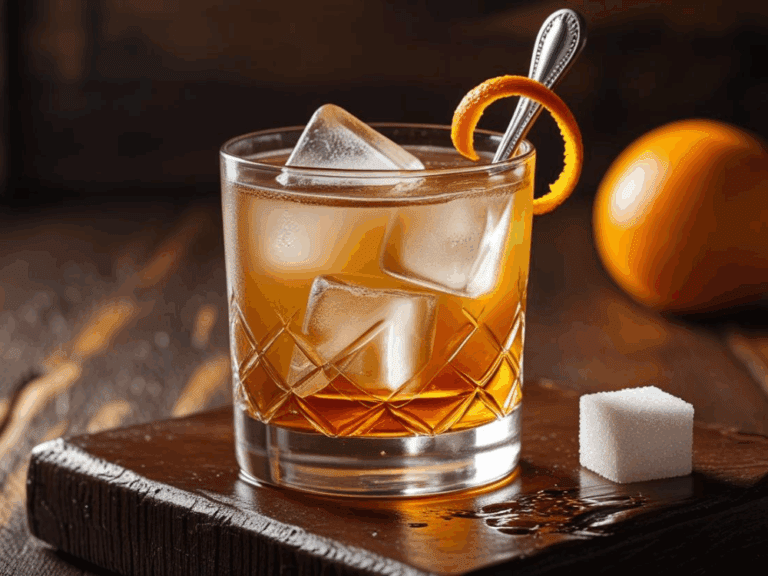 Old Fashioned cocktail on a wooden board with orange peel, sugar cube, and bar spoon.