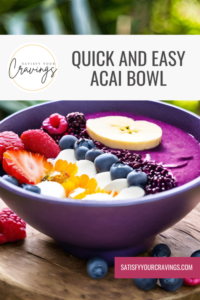 A vibrant and colorful acai bowl topped with fresh fruits including strawberries, blueberries, raspberries, blackberries, and banana slices, with a sprinkle of coconut flakes and a drizzle of honey, served in a purple bowl.