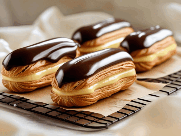 Four chocolate éclairs on parchment-lined wire cooling rack