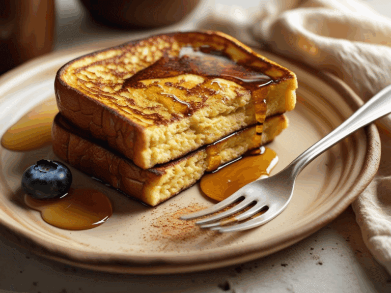 French toast slices on a plate with maple syrup and blueberries, styled simply with a cinnamon dusting