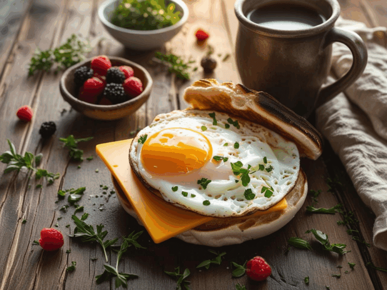Open-faced egg and cheese sandwich topped with herbs, fresh berries and coffee