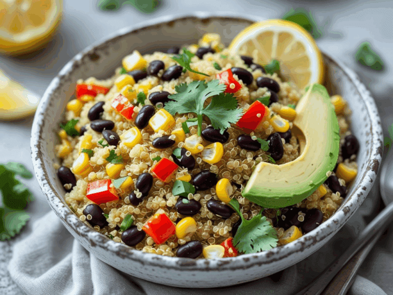 Rustic bowl of quinoa salad with black beans, corn, red bell pepper, avocado slices, cilantro, and a lemon wedge, set on a gray cloth with lemon wedges in the background.