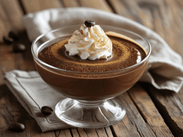 Glass dessert dish filled with espresso chocolate pudding, topped with whipped cream and a coffee bean, dusted with cocoa powder.