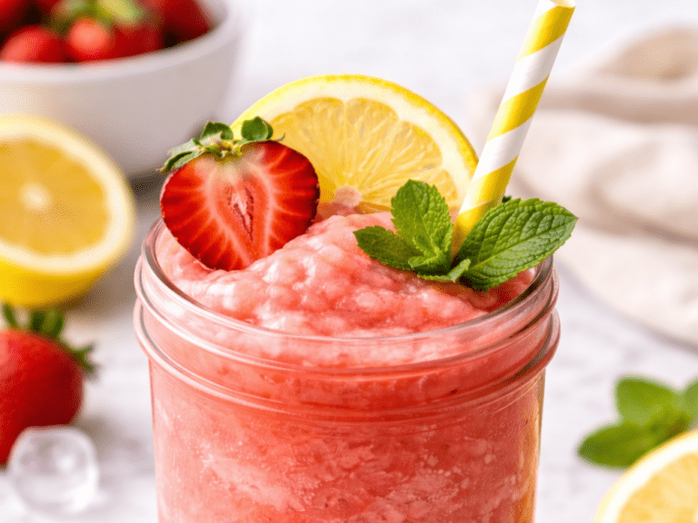 Close-up of a strawberry lemonade slushie in a mason jar with lemon slice, strawberry half, mint, and striped straw.