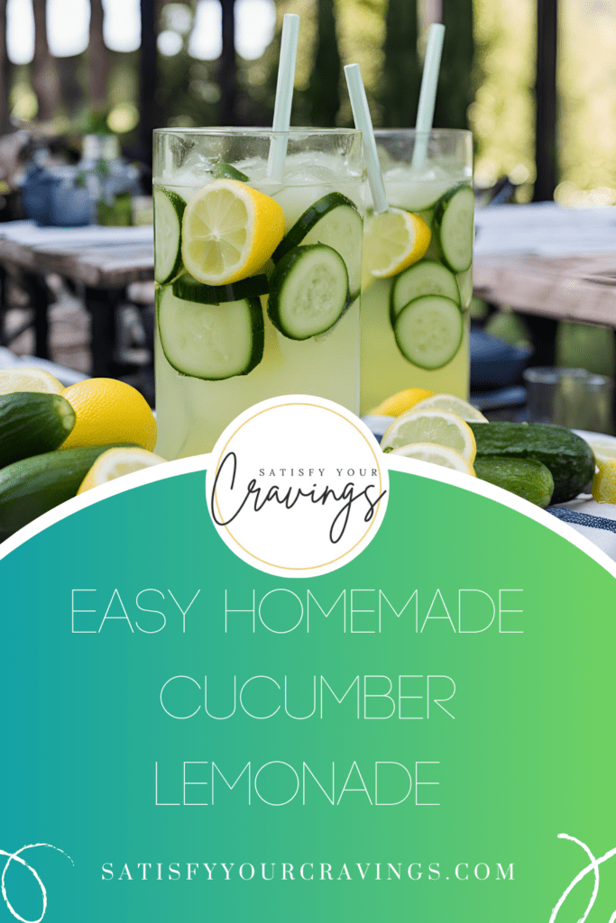 Promotional image for Satisfy Your Cravings blog featuring cucumber lemonade with cucumber and lemon slices.