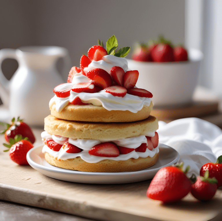 A beautifully layered Strawberry Shortcake with fresh strawberries and whipped cream, served on a white plate with whole strawberries scattered around.