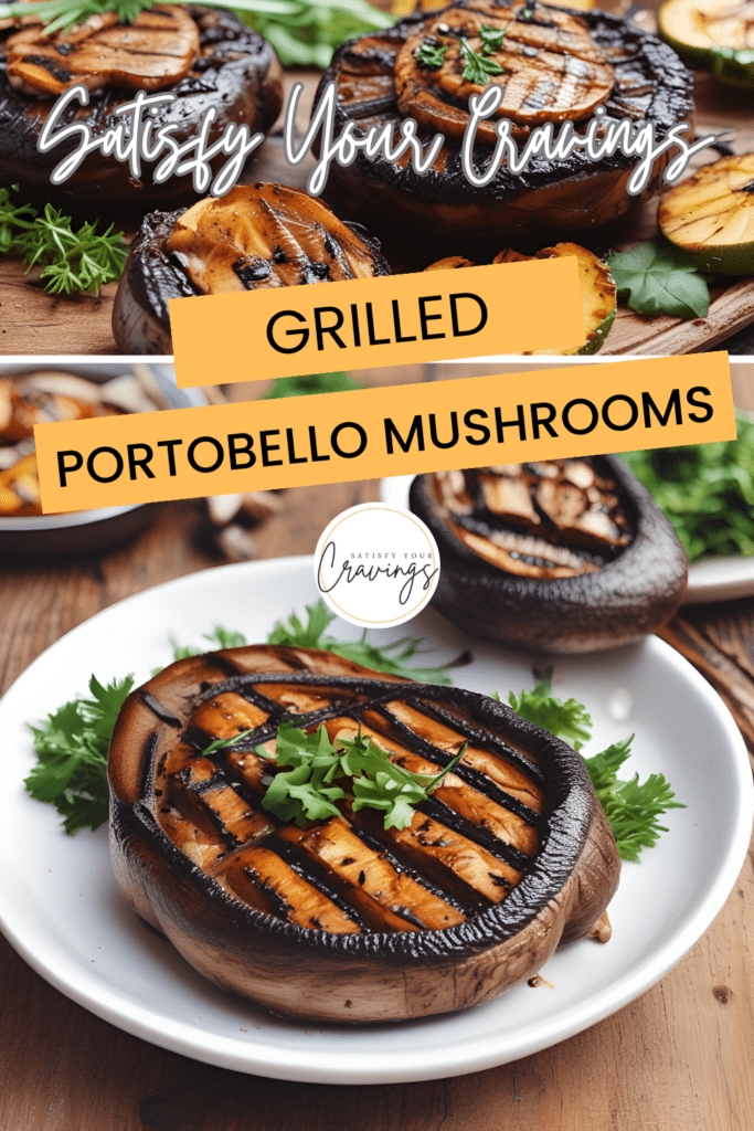 Grilled Portobello mushrooms garnished with fresh herbs, displayed on a white plate and wooden board.